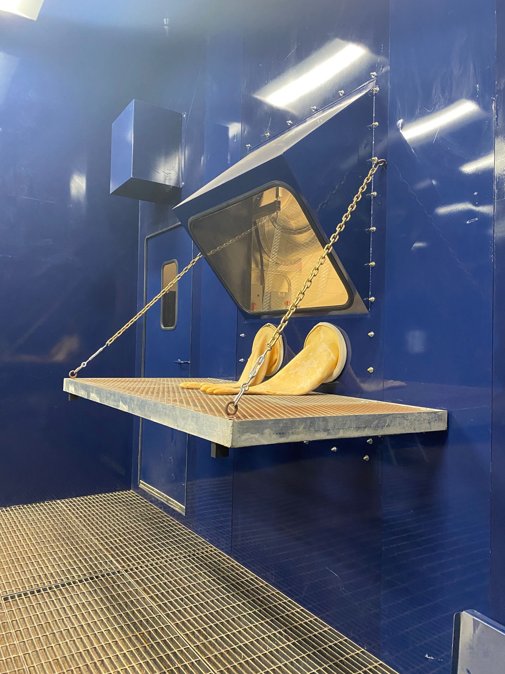 Blue industrial enclosure with a tray holding two large tan objects. A hinged door is open, held by chains.