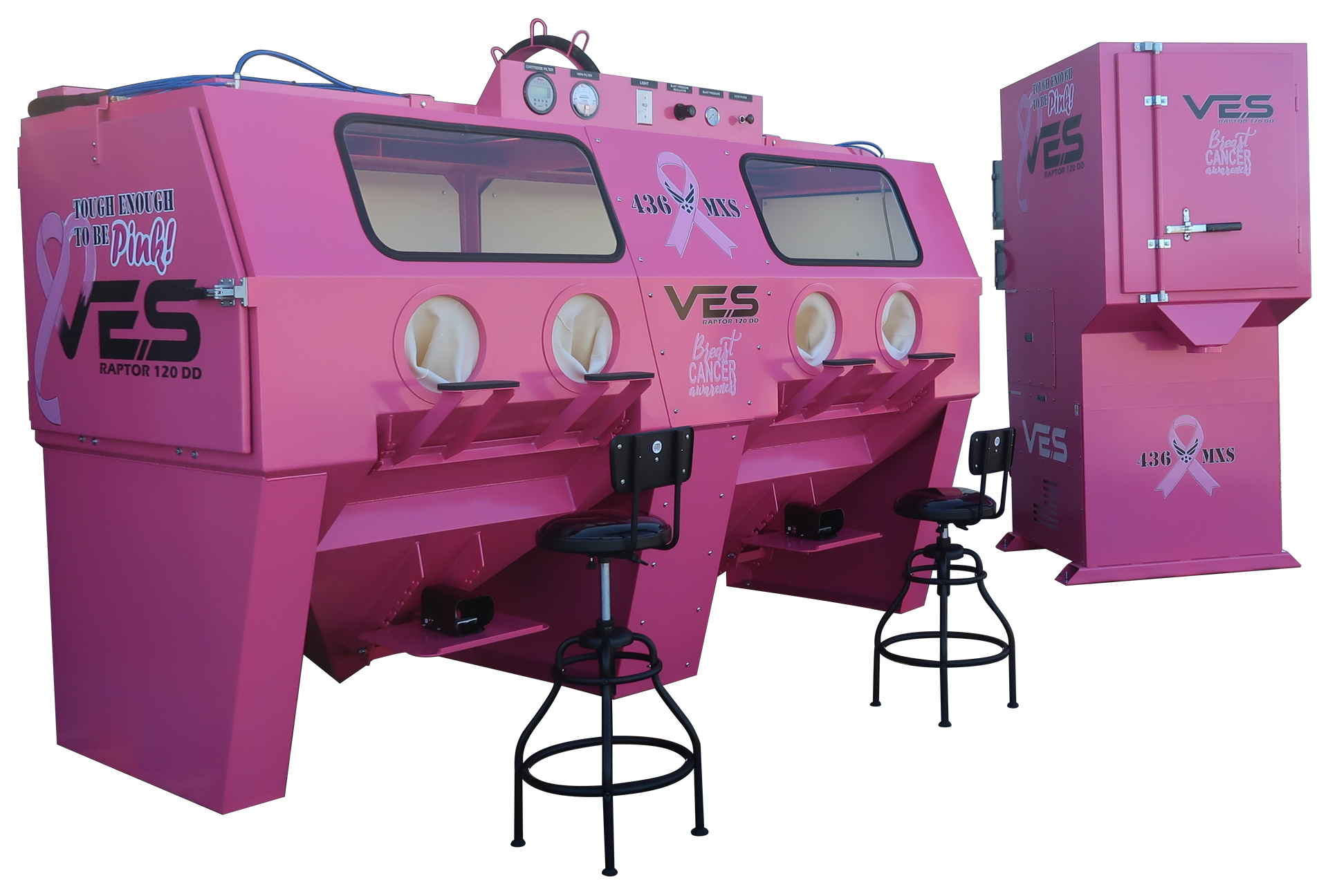 Pink sandblasting cabinet with two workstations, filter, and two black stools.