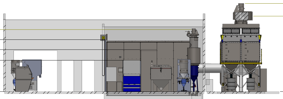 Drawing of an industrial facility with various machinery.