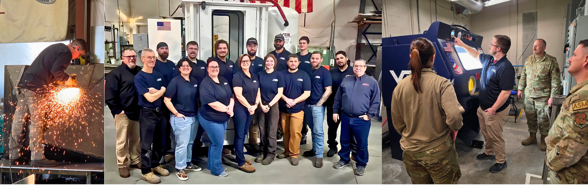 VES shop, team, and training collage showing fabrication work, staff, and equipment instruction with military personnel.