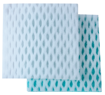 Two light blue and teal mesh-patterned cleaning cloths stacked on a white background.