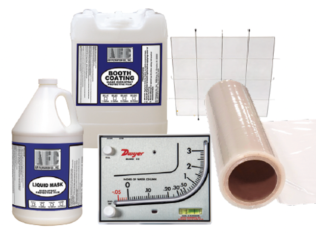 Spray booth supplies: coating liquid, protective film, pressure gauge, and filters.