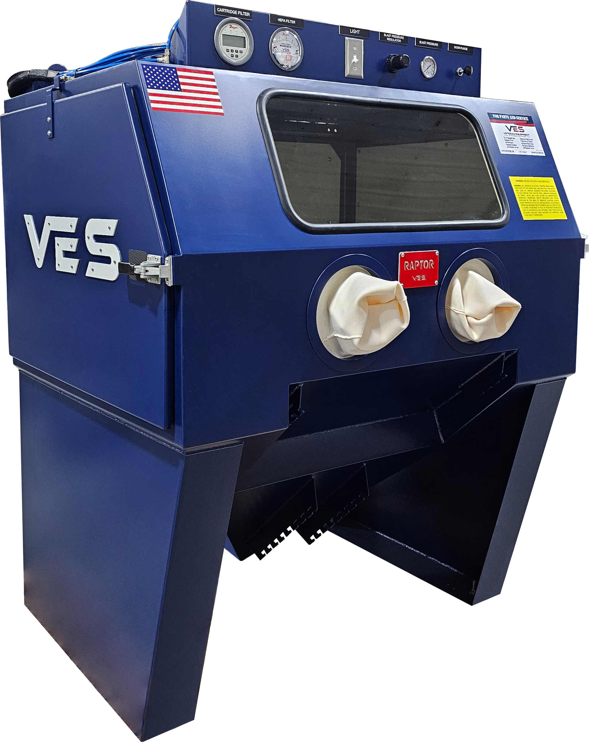 Blue VES sandblasting cabinet with gloves, viewing window, and gauges.