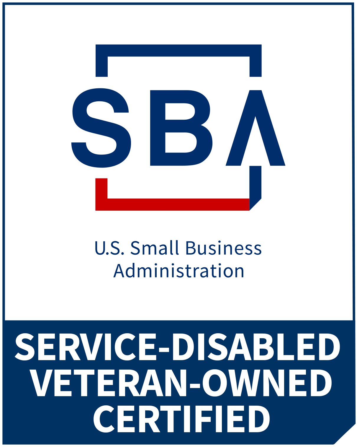SBA logo: Blue and white, with “Service-Disabled Veteran-Owned Certified” text.