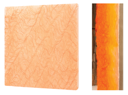 Square orange paper with swirling lines, and a side view showing thickness and color variation.