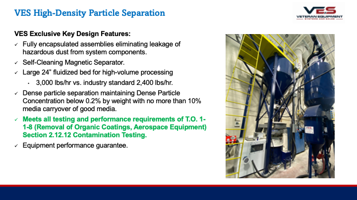 Slide about VES High-Density Particle Separation. Shows equipment, key design features, and specifications.