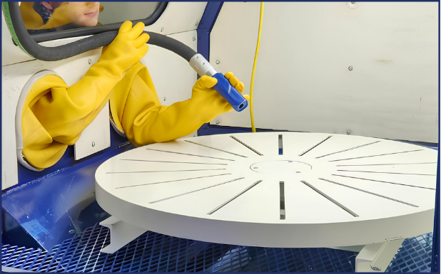 Operator using yellow gloves inside a VES blast cabinet with a round turntable and blast nozzle.