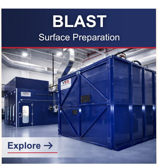 VES blast room system for industrial surface preparation with large blue blast enclosure and dust collection equipment