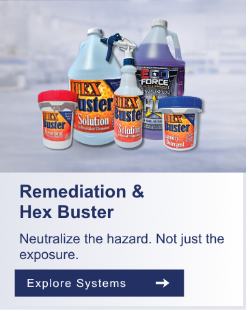 Hex Buster remediation products including bottles, wipes, and decontamination solution for hexavalent chromium control.