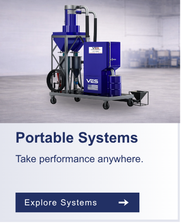 Portable blue VES blasting system on wheels designed for mobile abrasive blasting applications.