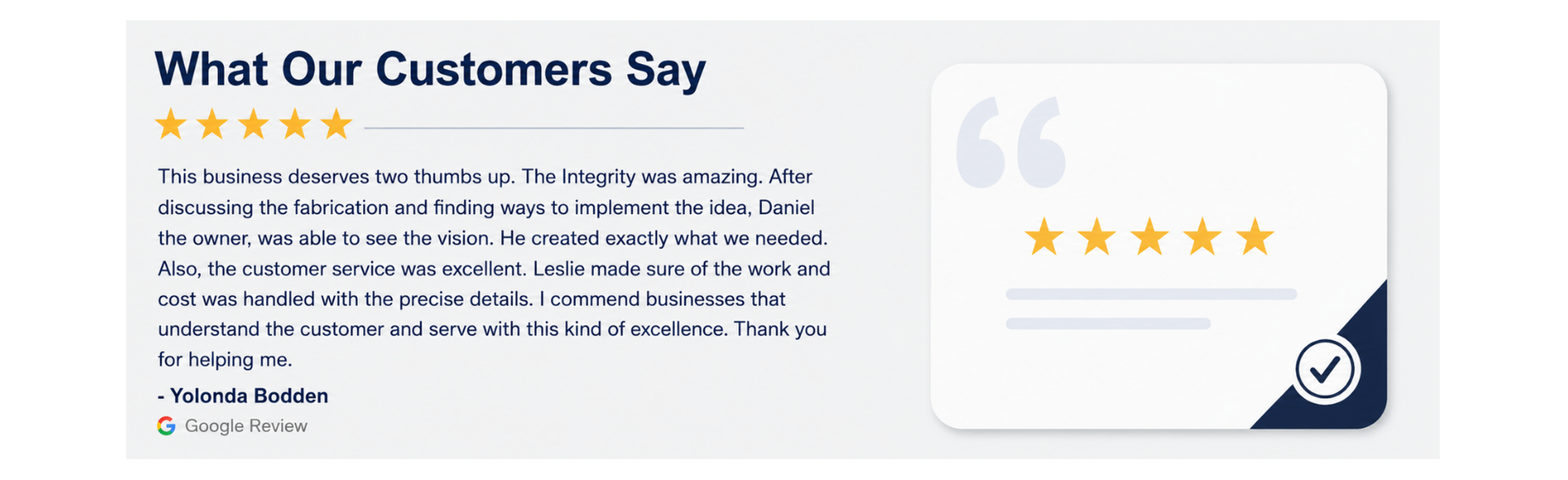 Google review testimonial from Yolonda Bodden displayed in a branded VES customer review graphic with five-star rating and quote card.