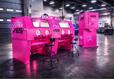 Custom pink VES blast cabinets with matching dust collector
