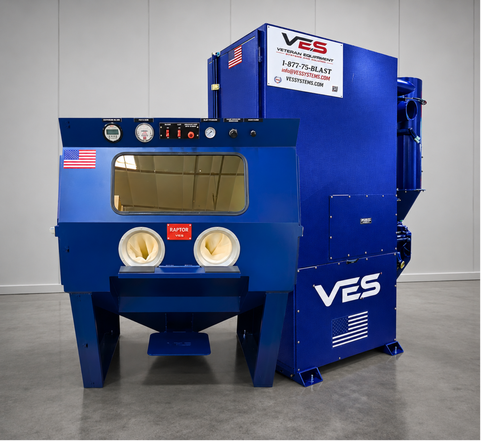Blue VES blast cabinet with glove ports and dust collector.