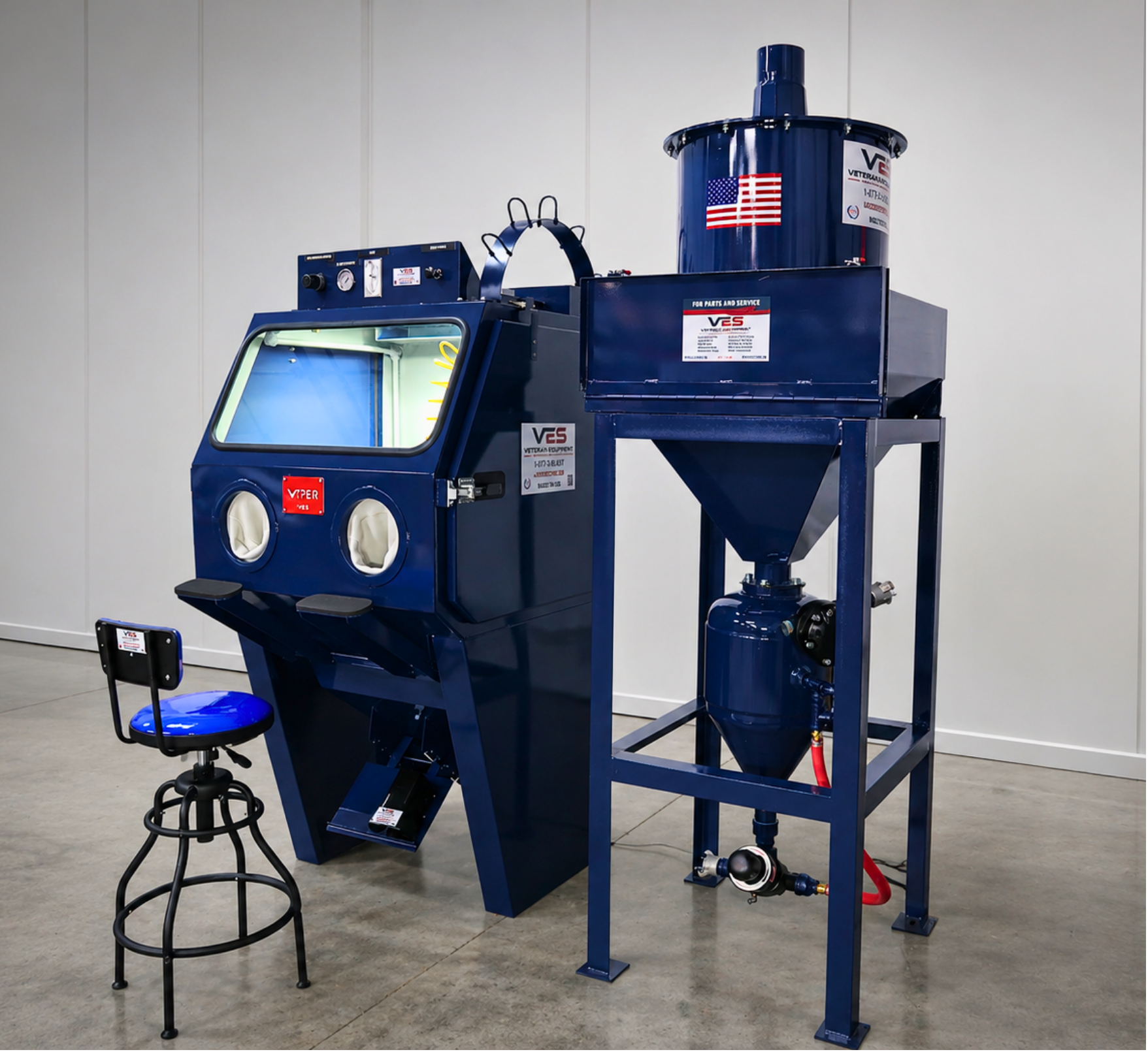 VES blast cabinet with integrated dust collection equipment.