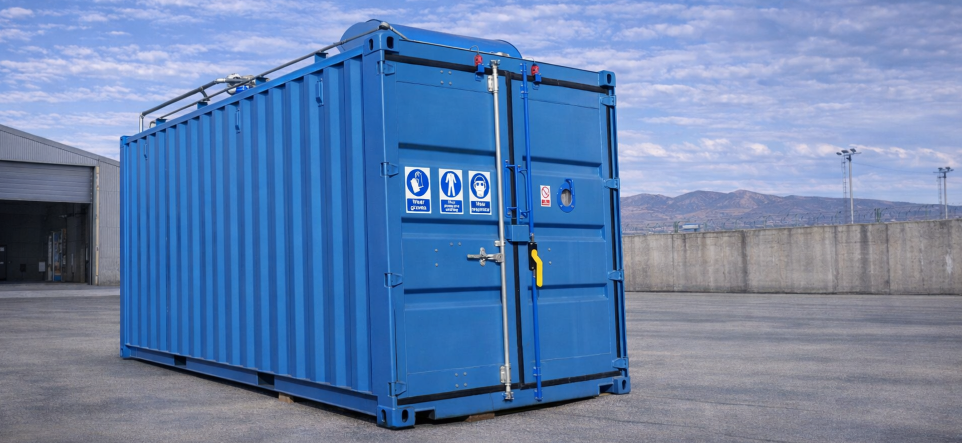 Blue containerized portable blast booth system