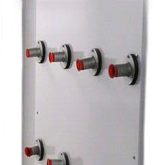 White panel with six red-capped metallic port fittings.