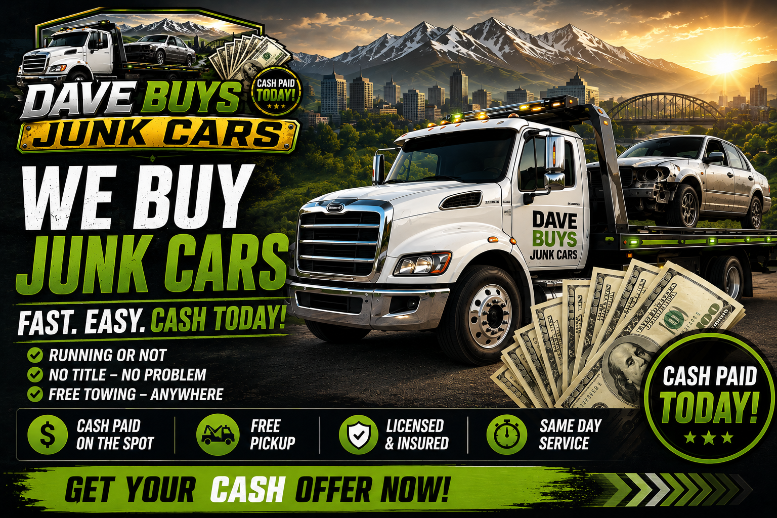 No Title? We Can Help! Dave Buys Junk Cars pays cash on the spot — free towing, same-day pickup across the Treasure Valley.