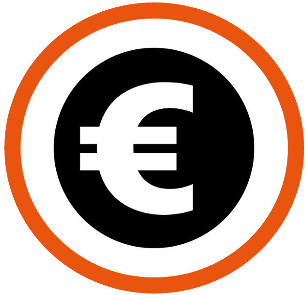 Un signe euro noir et blanc dans un cercle orange.