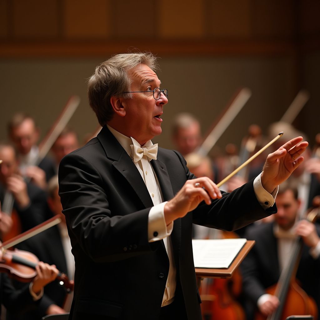 Conductor leading an orchestra, gesturing with baton, wearing a tuxedo.