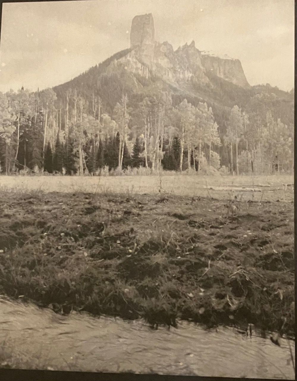 Photo print of a mountain towering over a field and forest, in a vintage black and white photograph.