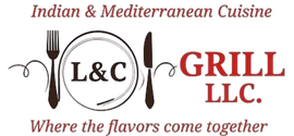 Logo for L&C Grill, an Indian and Mediterranean restaurant, featuring a fork, knife, plate, and text.