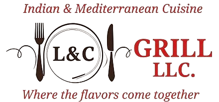Logo for L&C Grill: text with fork, knife, and 