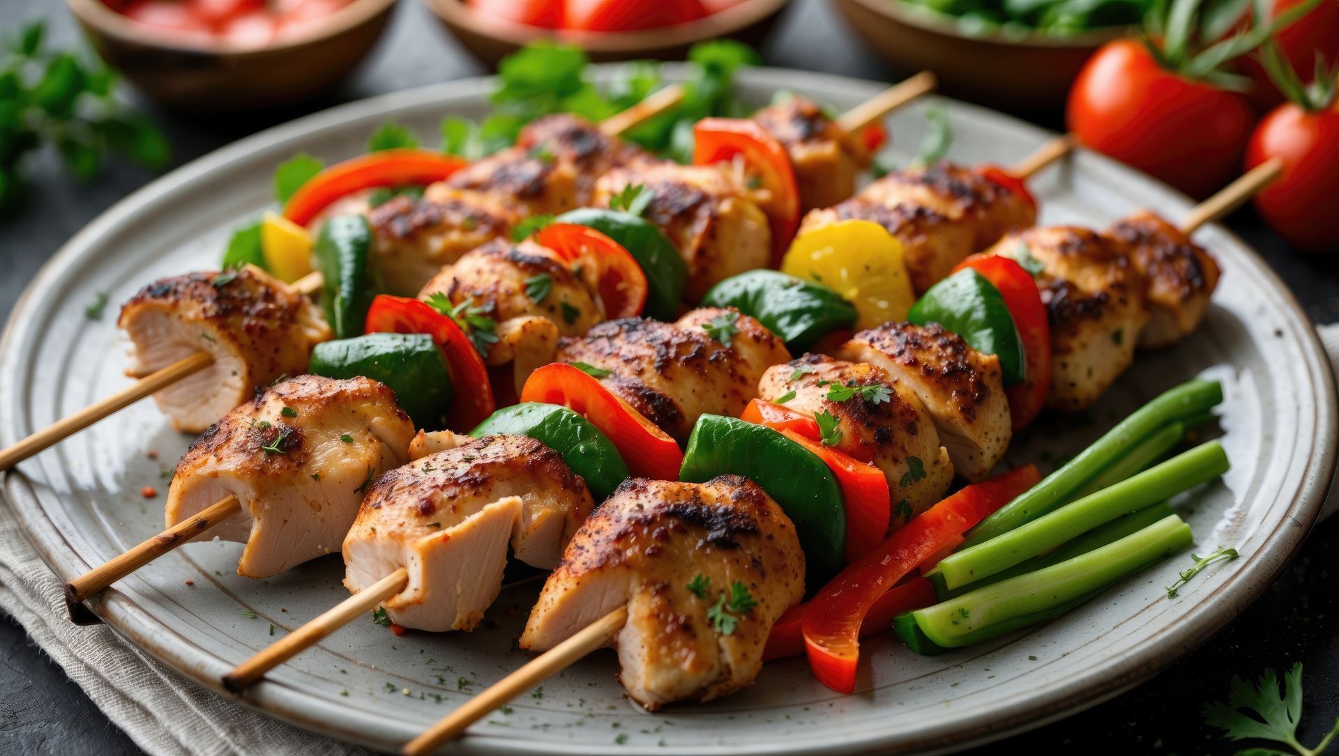 Grilled chicken skewers with bell peppers on a plate, tomatoes in the background.