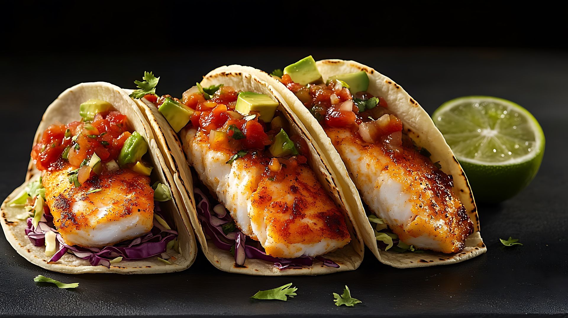 Three fish tacos with salsa, avocado, and lime.
