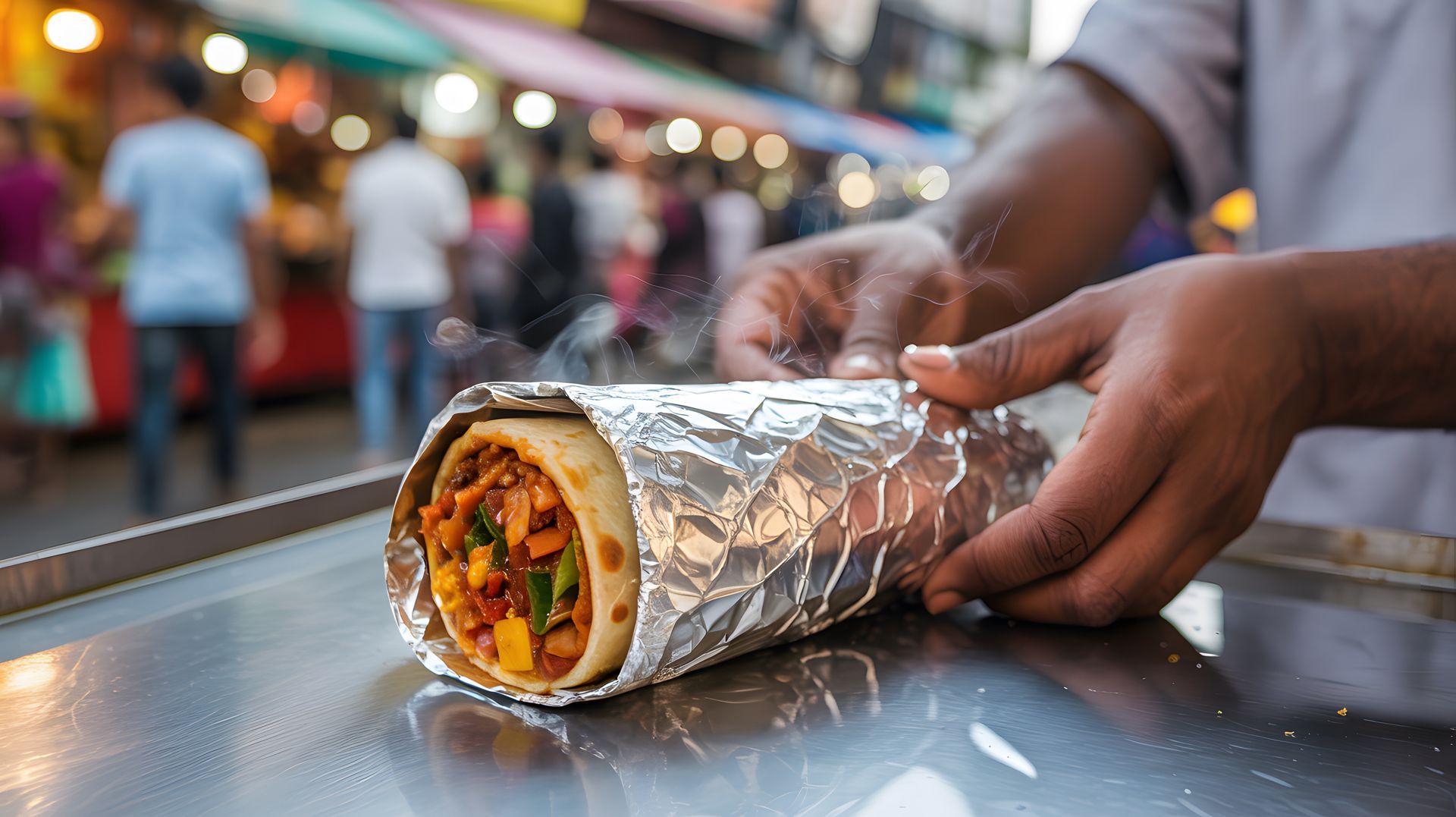 Person wrapping a shawarma in foil on a street food cart, with a blurred background of people and shop lights.