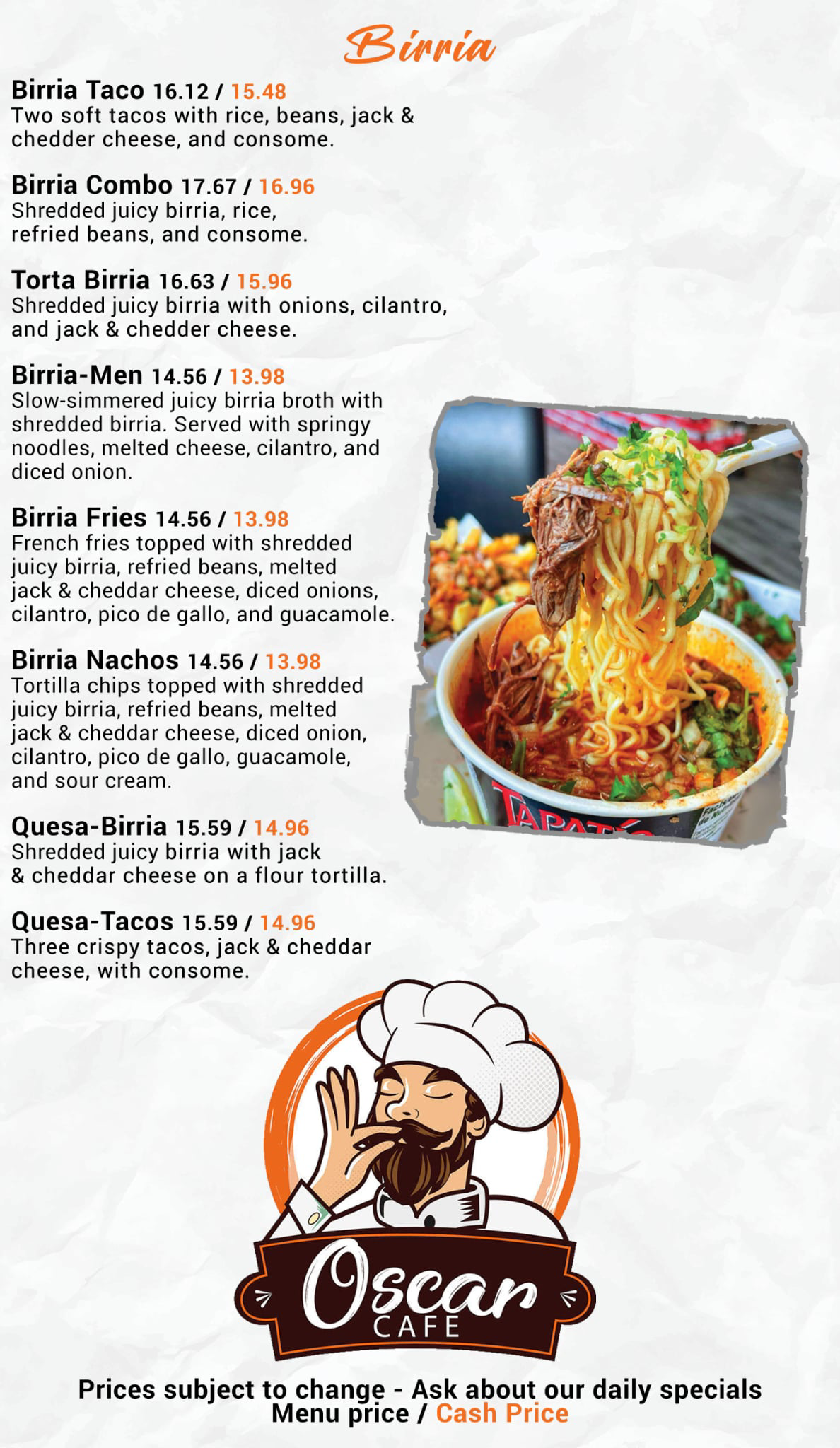 Restaurant menu flyer with spicy noodle dish photo and “Oscar’s” logo at the bottom