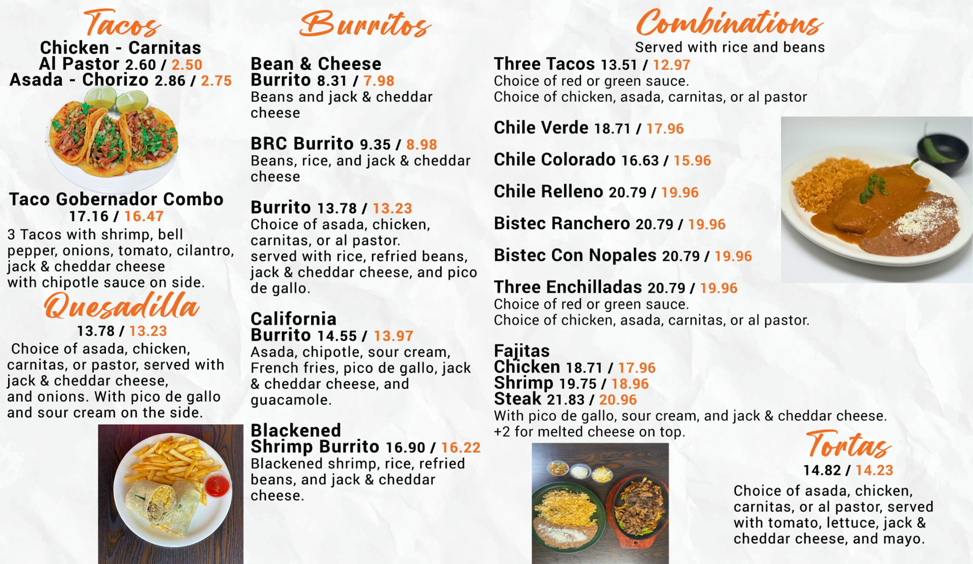 Mexican restaurant menu with tacos, burritos, quesadillas, combinations, and tortillas sections.