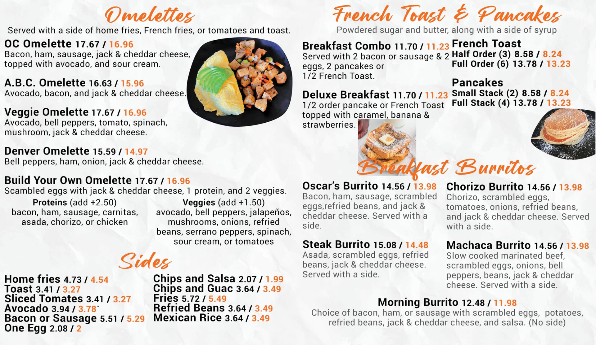 Breakfast menu board with omelettes, French toast, pancakes, burritos, and sides, plus a central food photo