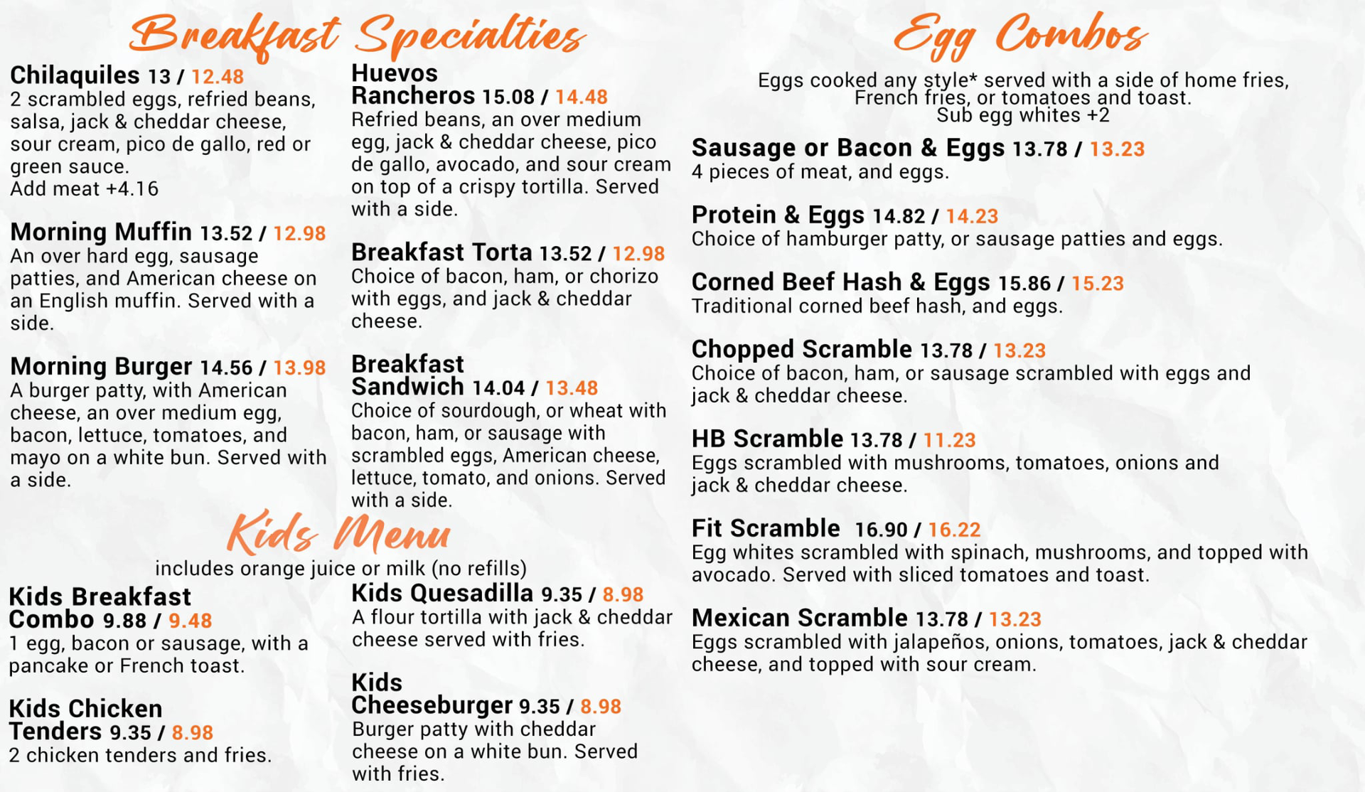 Restaurant menu board with breakfast specials, egg combos, and kids' menu items in black and orange text