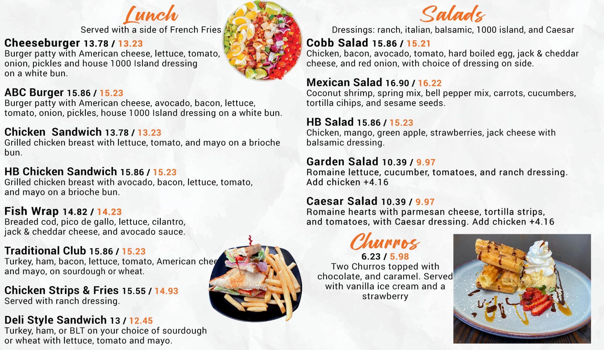 Restaurant menu with appetizers, salads, sandwiches, and chips, plus small food photos