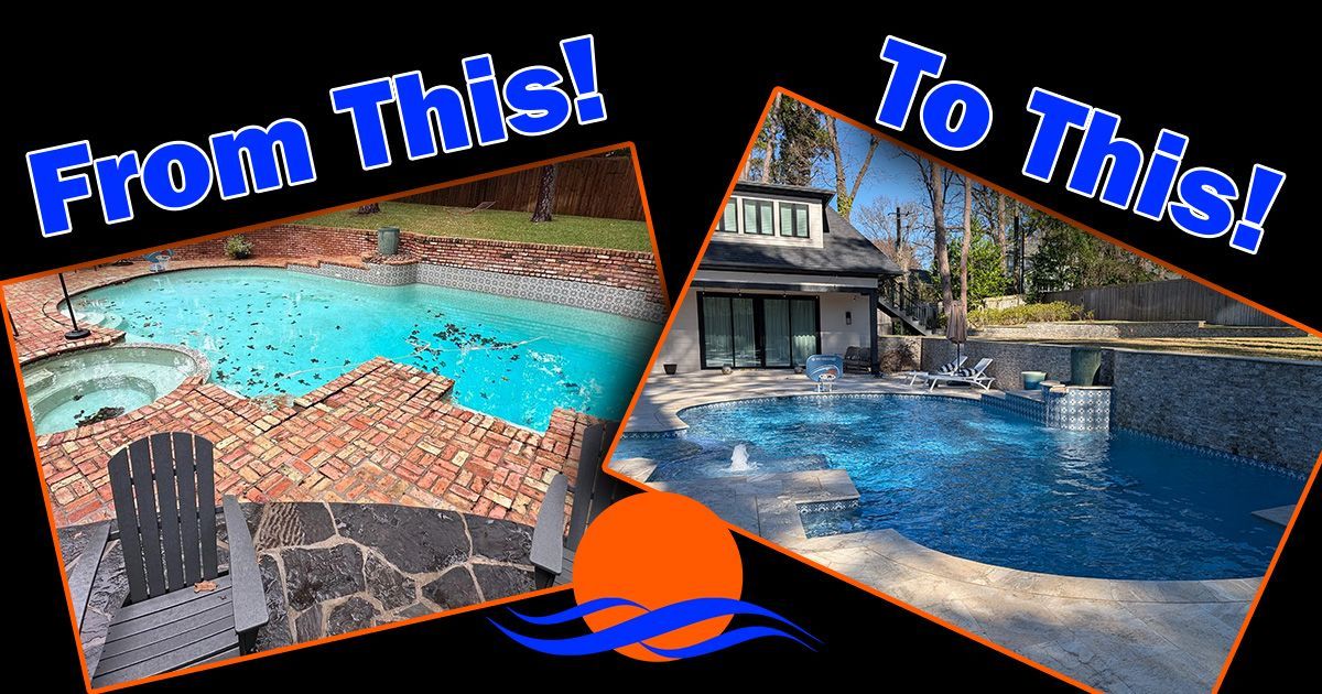 A water fountain bubbling in a backyard swimming pool with a stone wall and trees in the background.