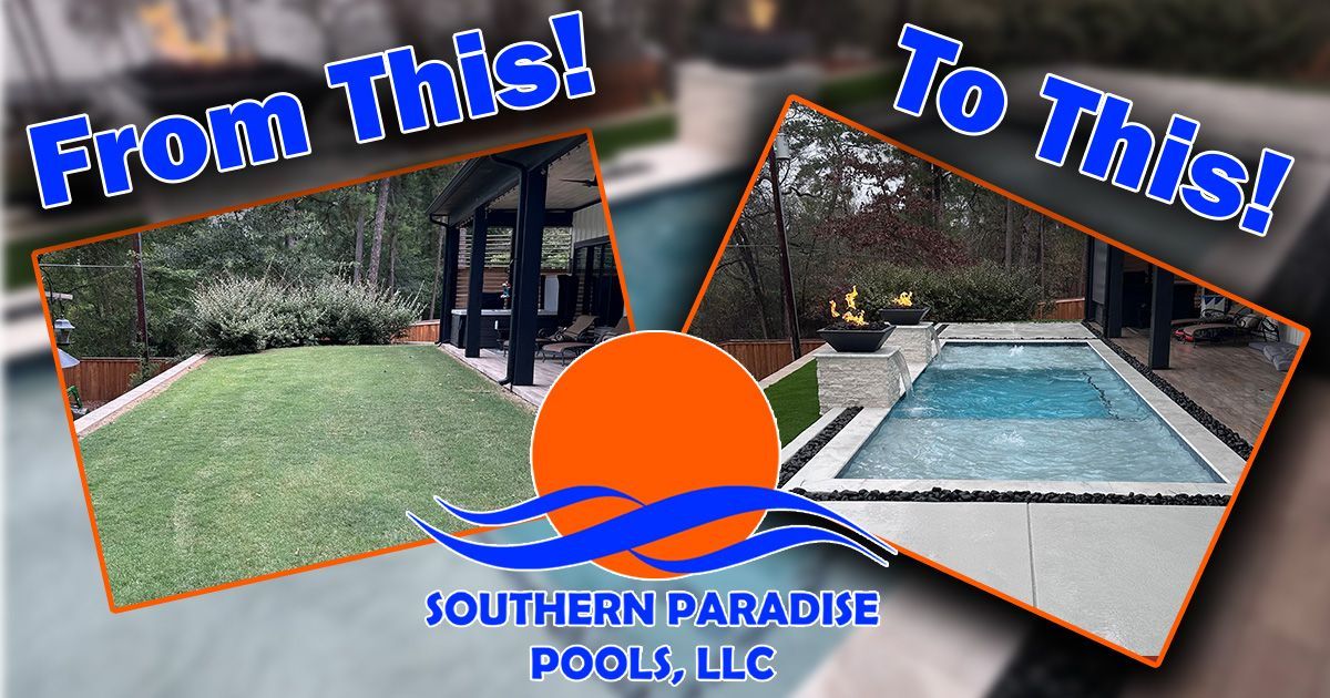 Before-and-after pool service ad with yard and pool transformation, Southern Paradise Pools LLC logo