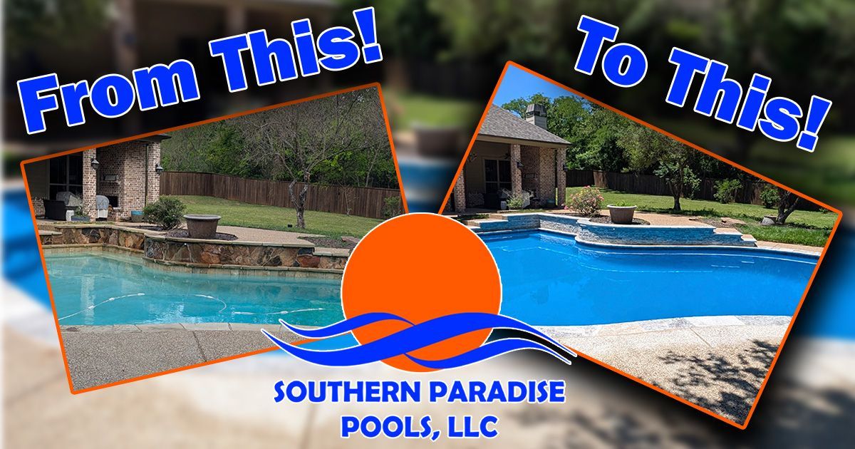 Pool renovation ad showing “From This!” and “To This!” with a before-and-after swimming pool.