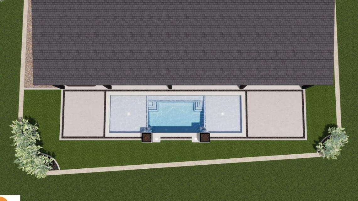 Overhead view of a house with a rectangular pool between two patio areas and green lawn.