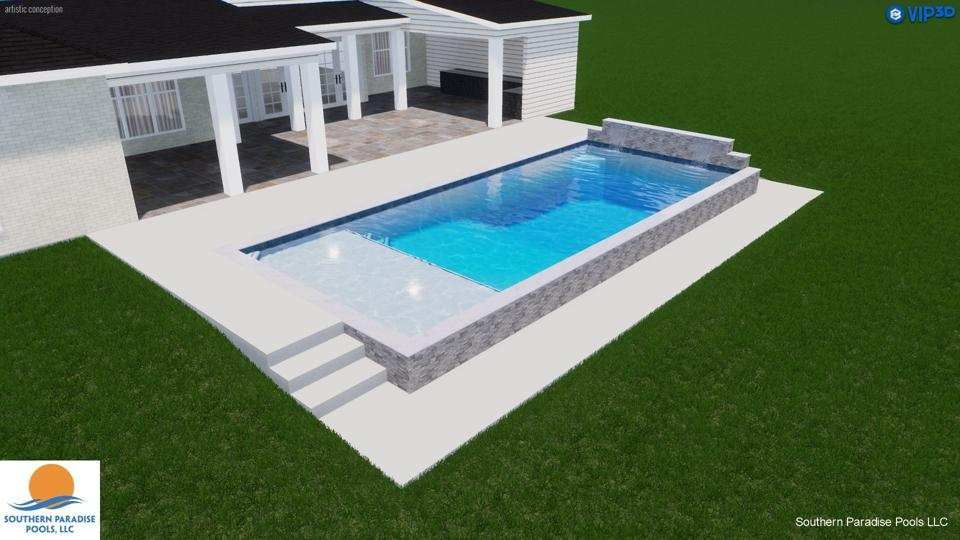 Rendering of a rectangular pool with a raised spa, gray stone accents, surrounded by a concrete patio and a house.