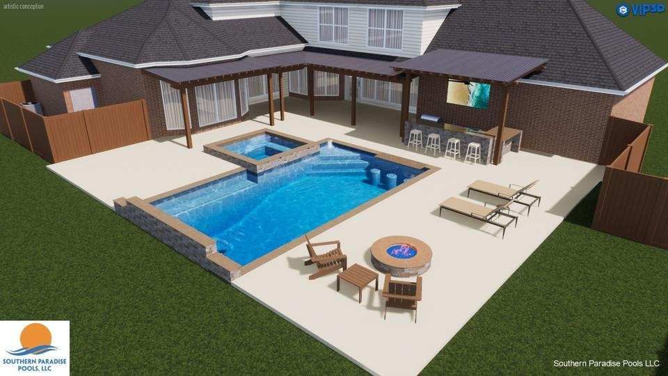3D rendering of a backyard with a pool, spa, bar, patio furniture, and a house.