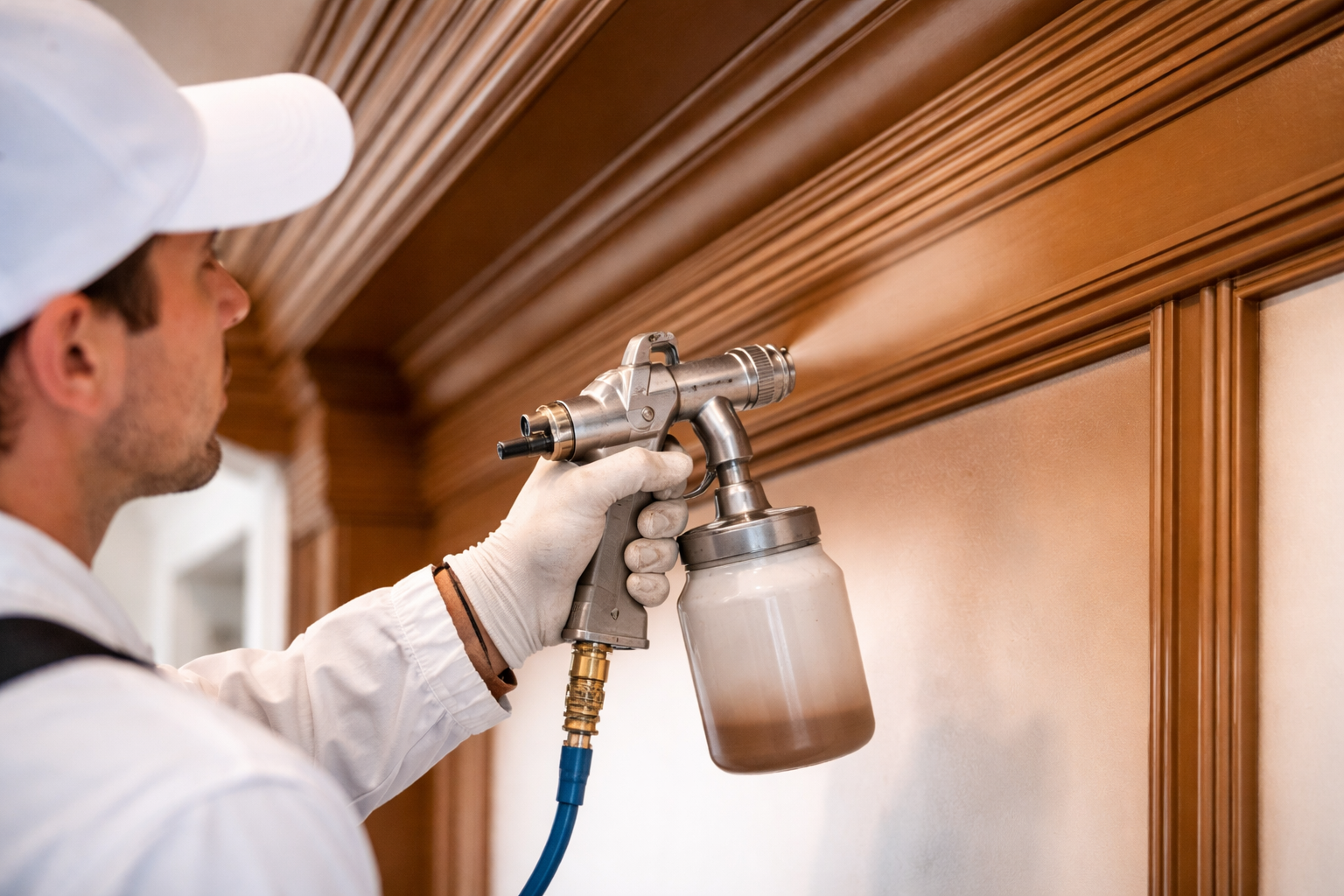 A person in protective gear uses a spray gun to apply a finish to wooden wall paneling.
