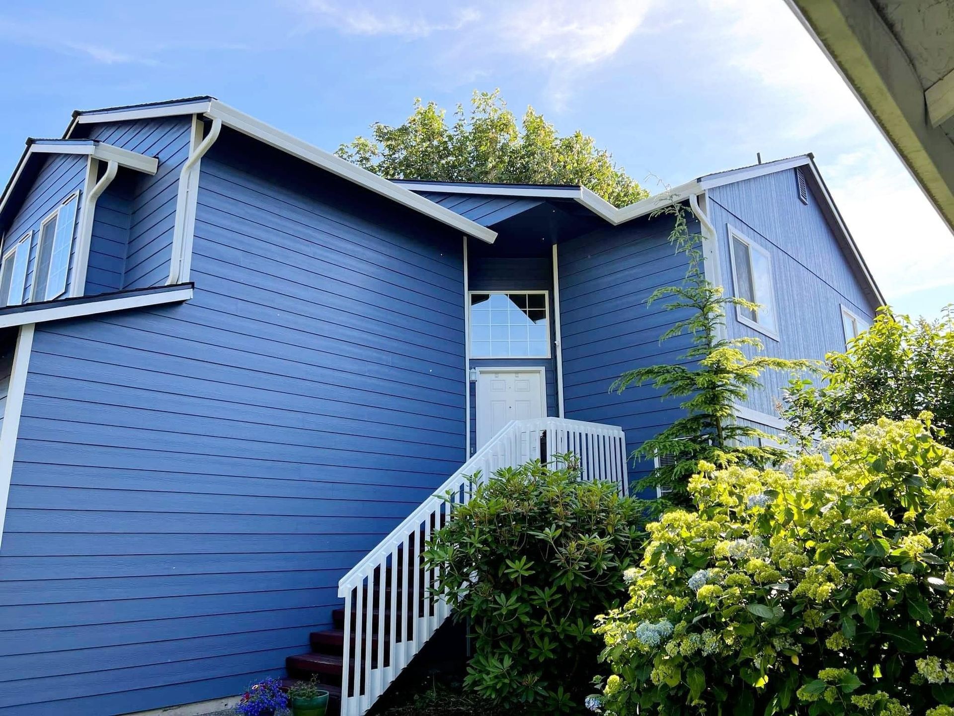 Blue two-story suburban house with a white front staircase, a glass-paneled front door, and lush green bushes.