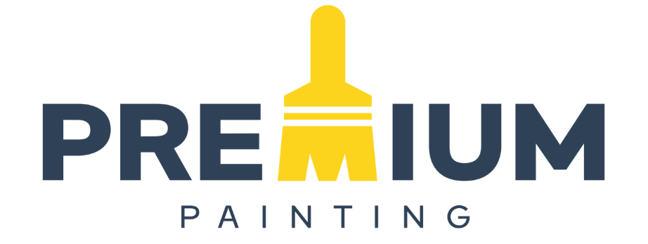 Logo for Premium Painting, featuring dark blue text with a yellow paintbrush replacing the letter