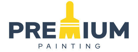 Logo for Premium Painting, featuring dark blue text with a yellow paintbrush replacing the letter