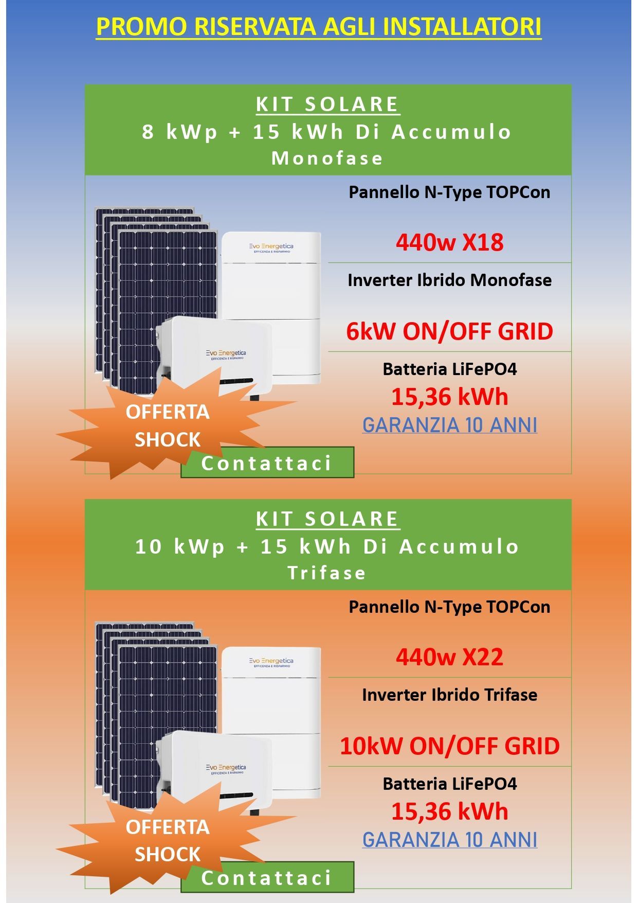 Una pubblicità per pannelli solari e inverter in italiano