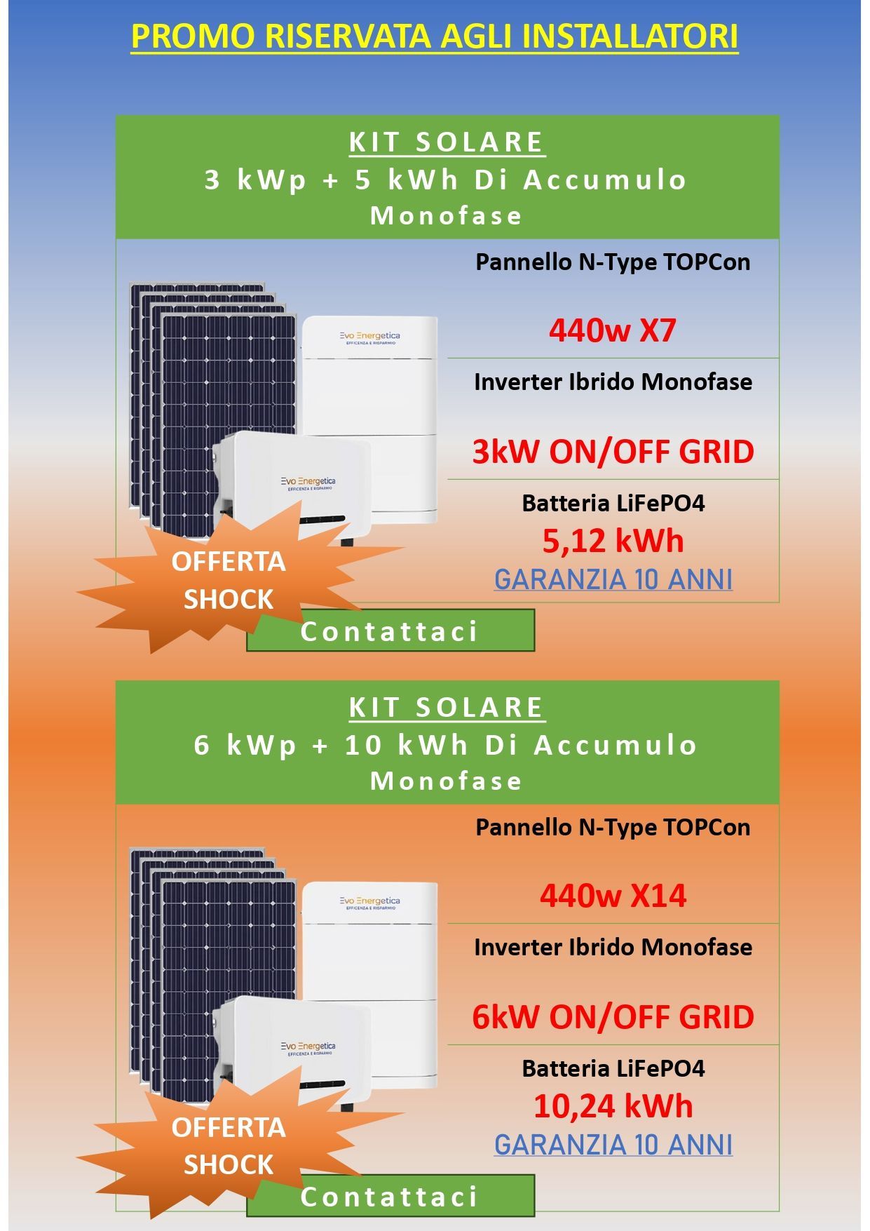 Una pubblicità per pannelli solari e inverter in italiano