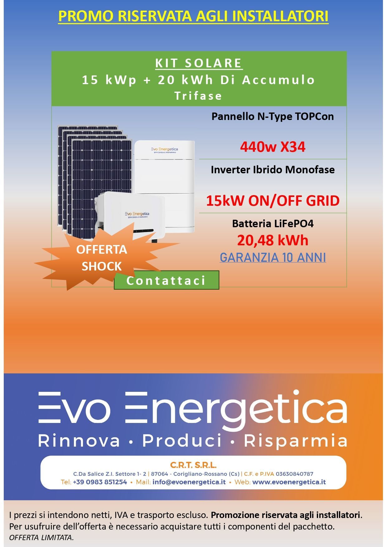 Una pubblicità per evo energetica mostra un kit solare