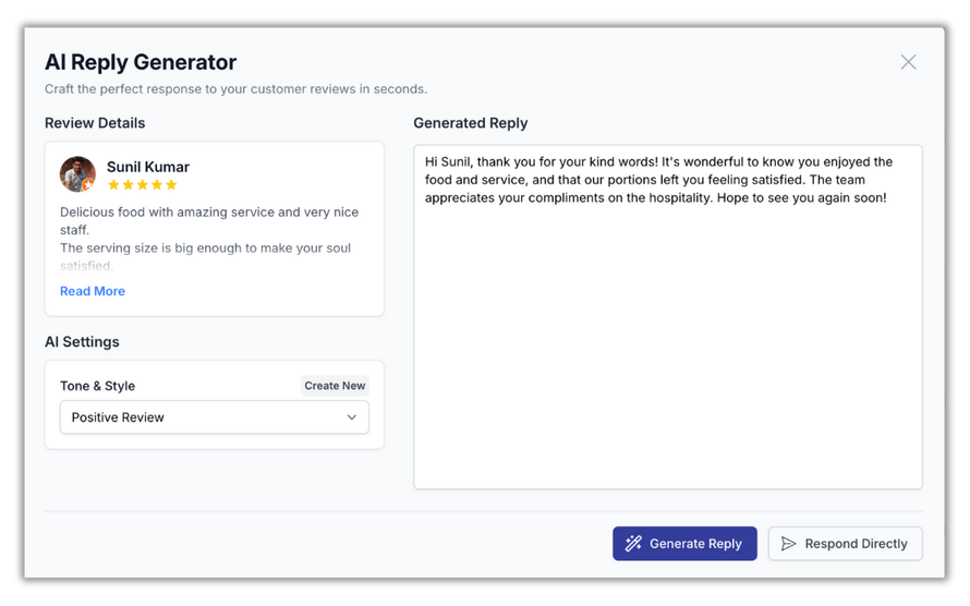 Screenshot of an AI reply generator interface with a review, suggested response, and edit options.