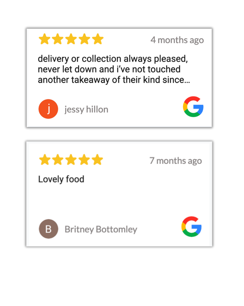 Two Google reviews, 5-star rated: 