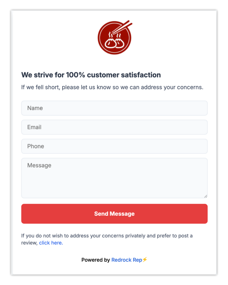 Customer feedback form. Red logo, white background. Fields for name, email, phone, and message. Send message button.